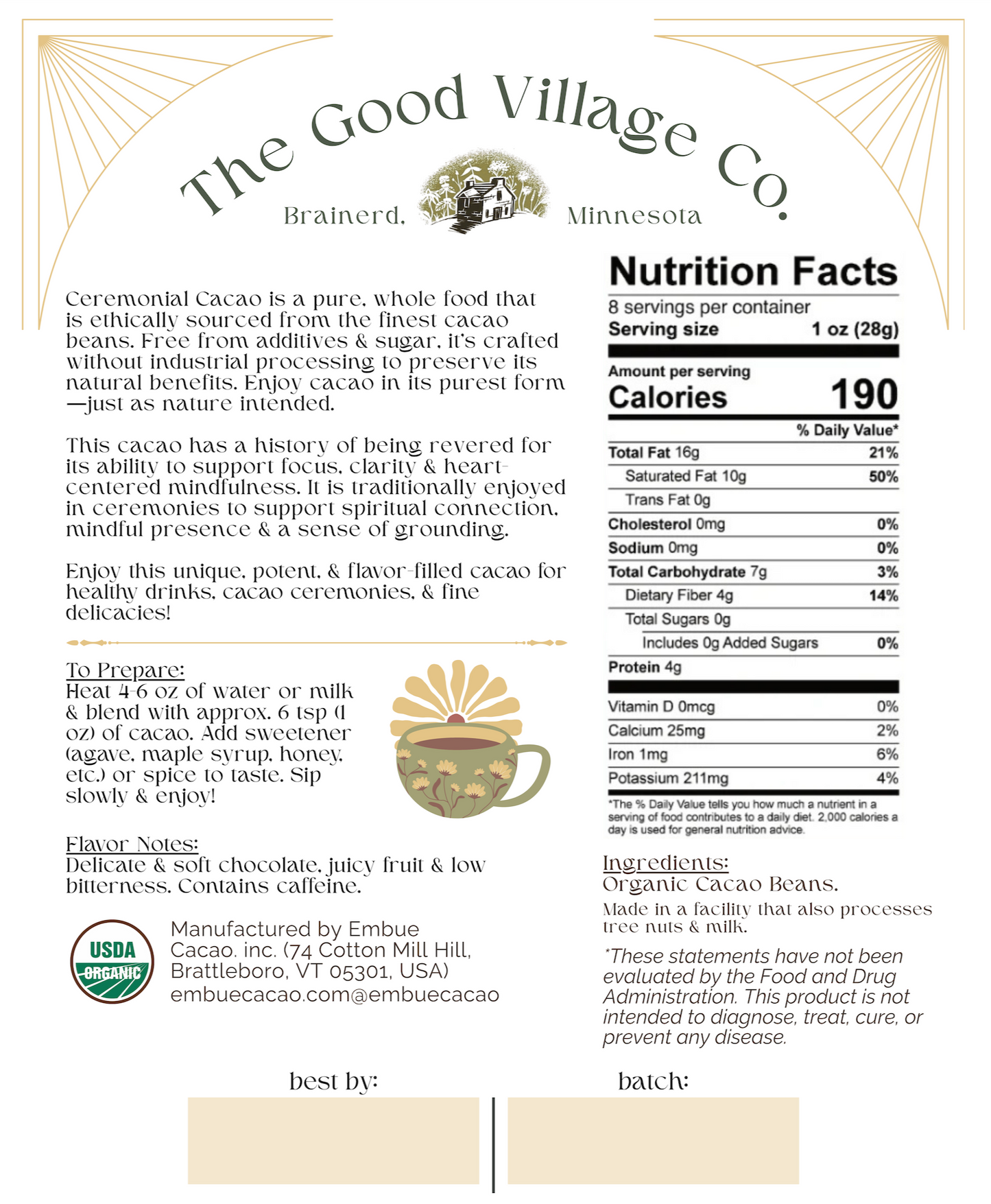 Ceremonial Cacao - 100% Pure Single-Origin Unprocessed Traditional Wellness Beverage from Piura Blanco, Peru