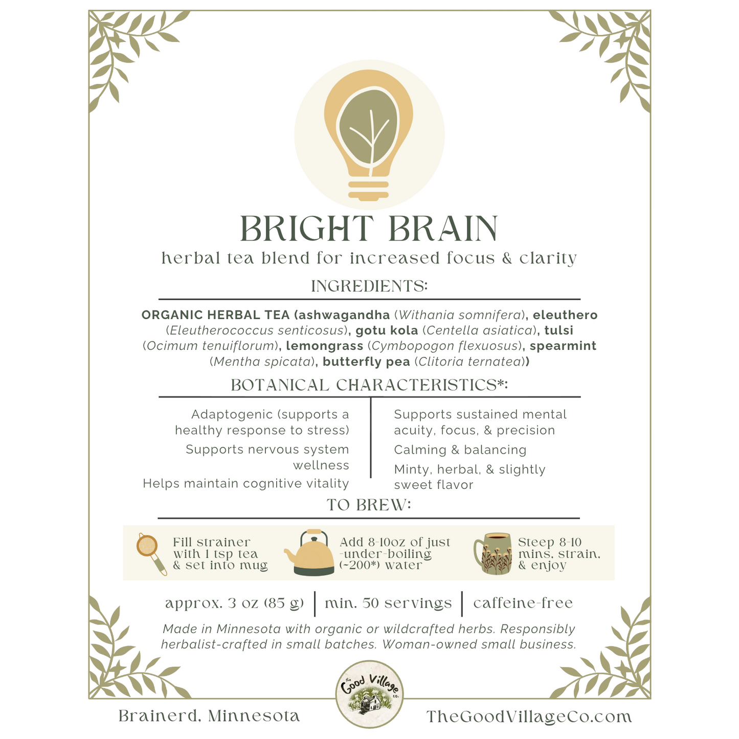Bright Brain: Herbal Tea Blend for Increased Focus & Clarity (Caffeine-Free)