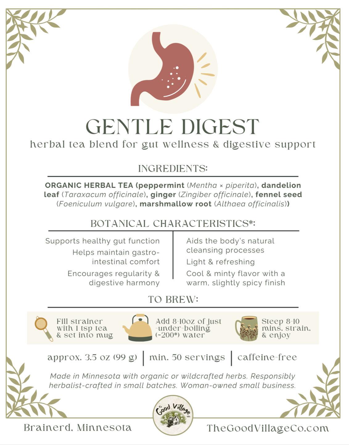 Gentle Digest: Herbal Tea Blend for Gut Wellness & Digestive Support (Ceffeine-Free)