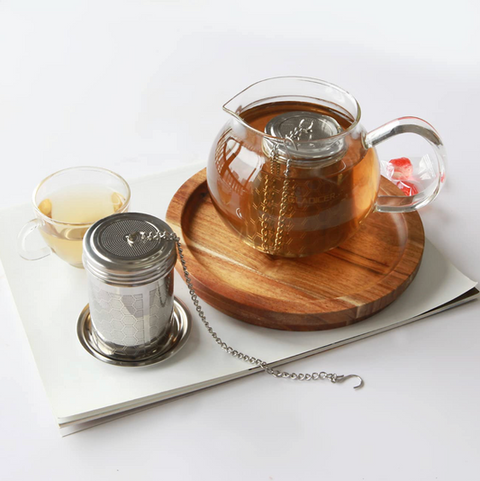 Honeycomb Mesh Loose Leaf Tea Strainer with Extended Chain & Saucer